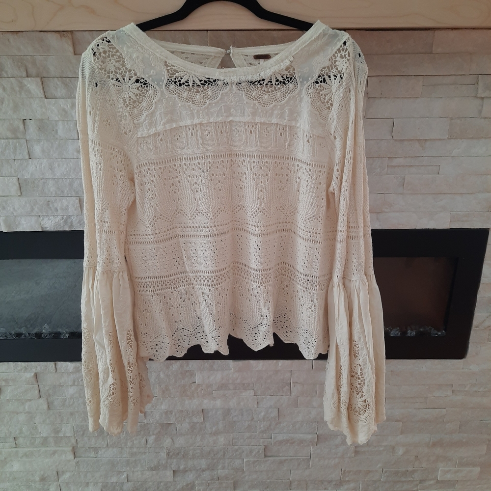Free people crochet knit trumpet sleeve sweater